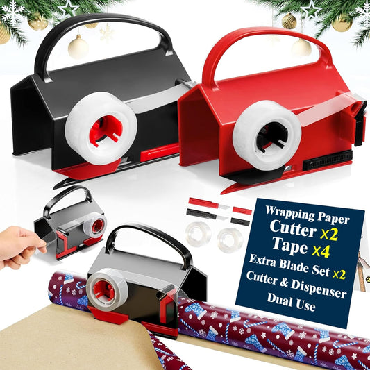 Upgrade 2 Pack Wrapping Paper Cutter &Tape Dispenser Dual Use, Gift Wrap Cutter Tool with 4 Tapes, 2 Replace Blades Kit for Rolls Paper, Perferct for Christmas Birthday, Easy Cut for Present Wrapping