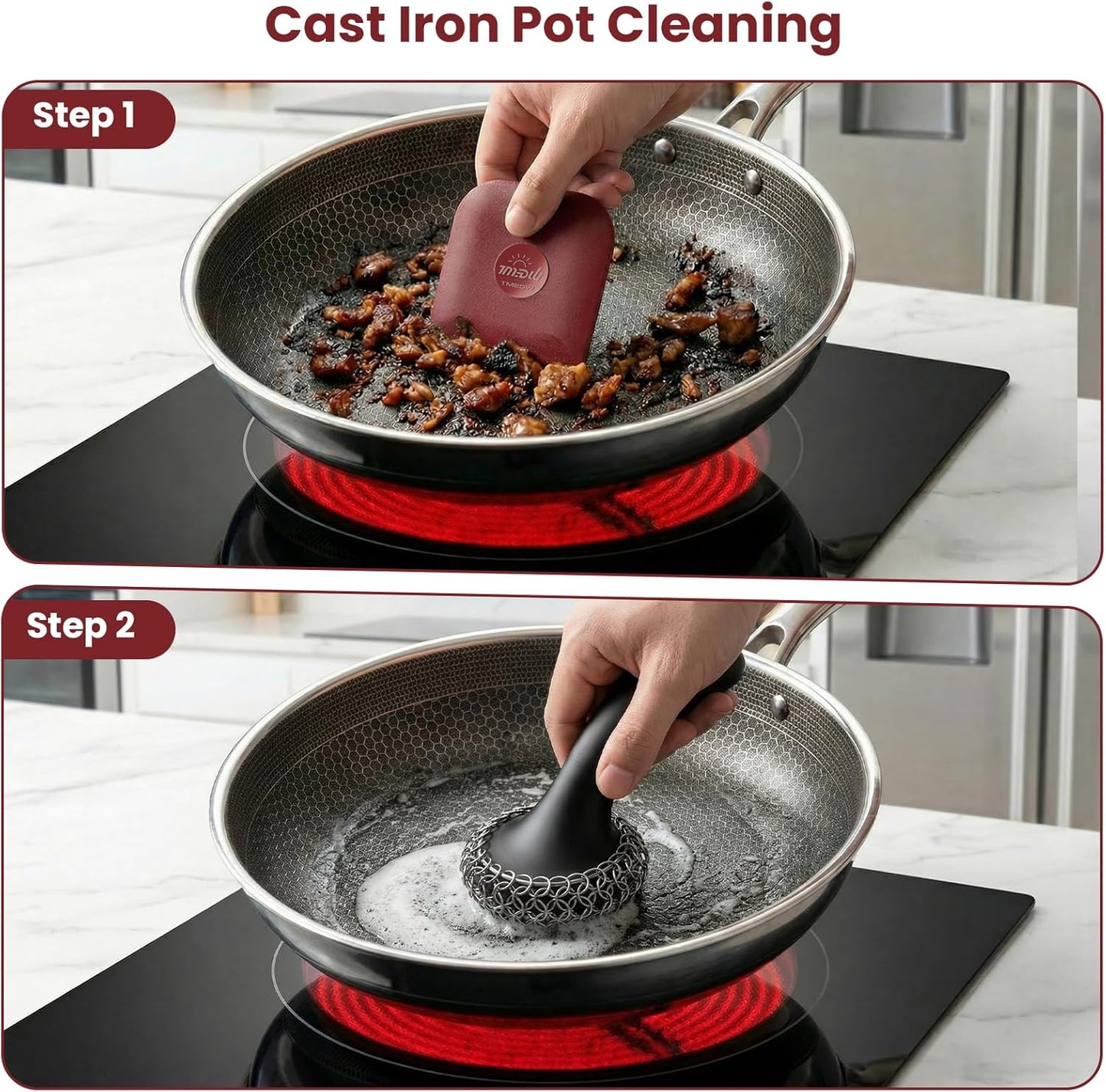 TMEDW Pan Scraper, 5 Pcs Pot Scraper, Pan Scraper Plastic, Multifunctional Scraper Tool for Kitchen, Non-Slip, Food Safe, High Heat Resistant-Red