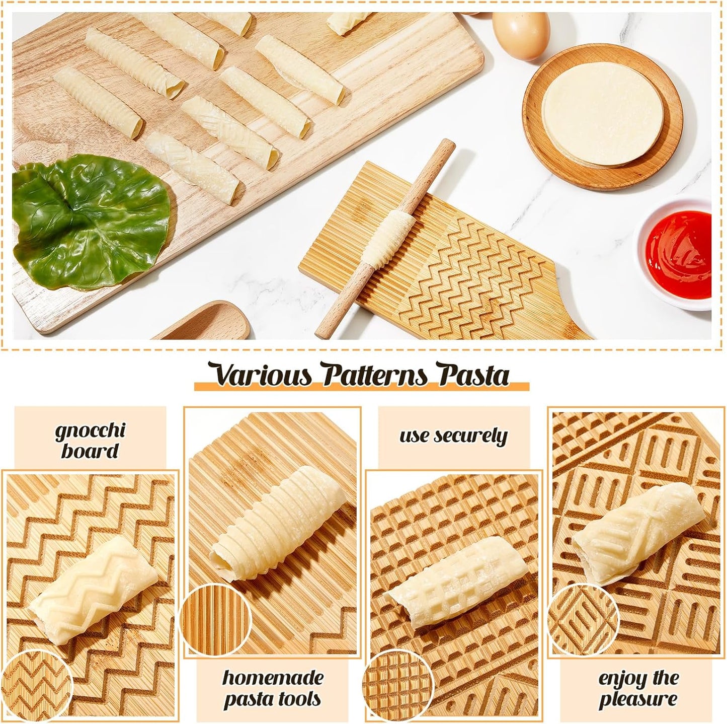 Tioncy 7 Pcs Pasta Making Tool Set Kitchen Gift, Wood Gnocchi Board with Ravioli Stamp Ravioli Maker Rolling Pin Gnocchi Garganelli Italian Pasta Tools for Beginners Home Cooks