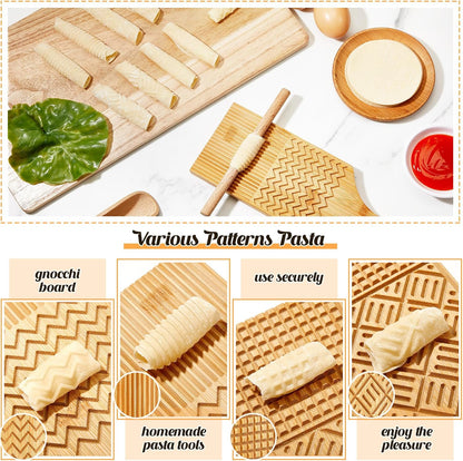 Tioncy 7 Pcs Pasta Making Tool Set Kitchen Gift, Wood Gnocchi Board with Ravioli Stamp Ravioli Maker Rolling Pin Gnocchi Garganelli Italian Pasta Tools for Beginners Home Cooks