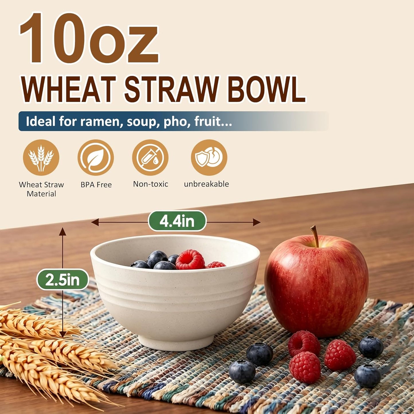Wheat Straw Bowls 40 OZ, Unbreakable Salad Container for Lunch, Plastic Bowls with Lids, Microwavable Meal Prep Bowls for Cereal, Ramen, Soup, Leftovers - 4 Large Bowls and 4 Lids, Multi