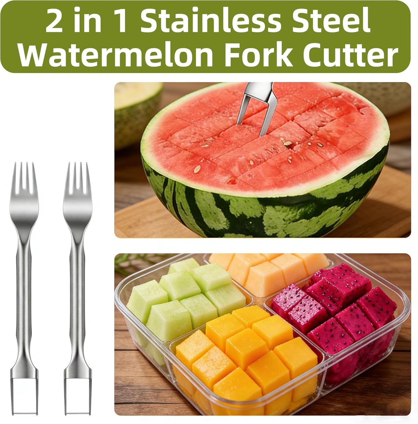 Watermelon Fork Slicer Cutter, 2PCS Stainless Steel 2-in-1 Watermelon Cutter, Portable Watermelon Fork Watermelon Cutter Slicer Tool Fruit Forks Slicer for Home Party Camping Kitchen Gadget