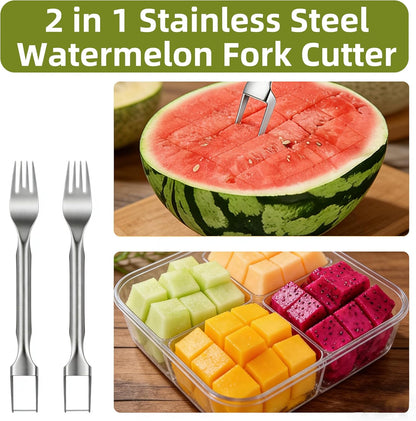 Watermelon Fork Slicer Cutter, 2PCS Stainless Steel 2-in-1 Watermelon Cutter, Portable Watermelon Fork Watermelon Cutter Slicer Tool Fruit Forks Slicer for Home Party Camping Kitchen Gadget