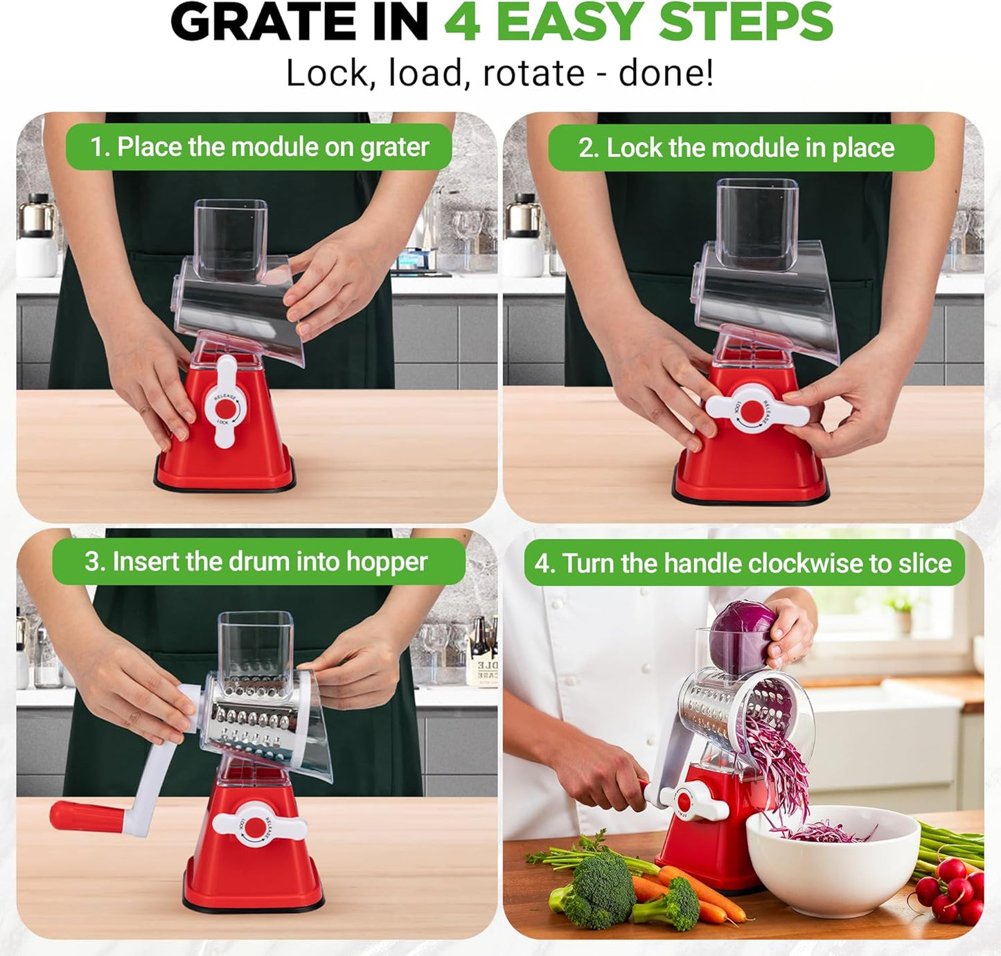 NutriChef 3 in 1 Cheese Grater & Shredder | Strong Suction Base, Rotary Handle with Safety Lock | Includes Hand Crank & 3 Drum Blades for 3 Textures, Fine, Medium & Strips | White