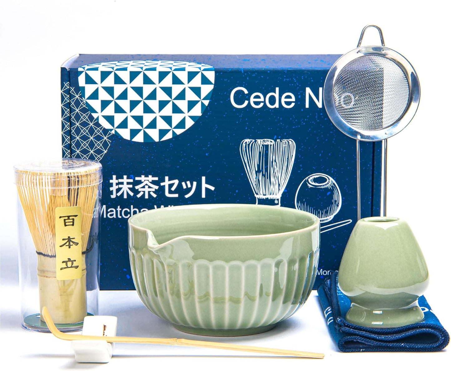 7pcs Matcha Whisk Set with 18oz Spout Bowl, Japanese Tea Ceremony Kit, Natural Bamboo Whisk Scoop, Ceramic Holder Sifter Towel, Best Gift for Beginners and Matcha Lovers