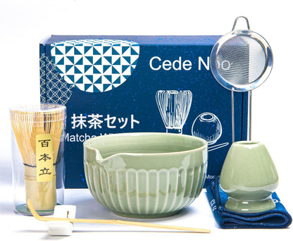 7pcs Matcha Whisk Set with 18oz Spout Bowl, Japanese Tea Ceremony Kit, Natural Bamboo Whisk Scoop, Ceramic Holder Sifter Towel, Best Gift for Beginners and Matcha Lovers