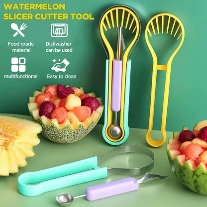 2 PCS Melon Baller Scoop Set, 4 in 1 Stainless Steel Stainless Steel Fruit Tool Set, Fruit Carving Tools for Dig Pulp Separator, Watermelon Cutter Slicer Fruit Scooper (Green + Purple)