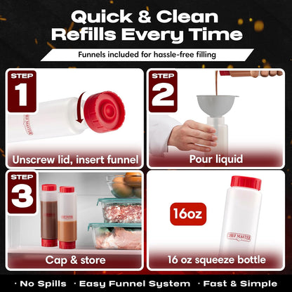 Chef Master Squeeze Bottle for Sauces (16oz) - Inverted, FIFO Refillable Bottle - Condiment Squeeze Container for Liquids, Sauce, Batter & Dressing - Made for Restaurants, Diners & Food Trucks - 90290