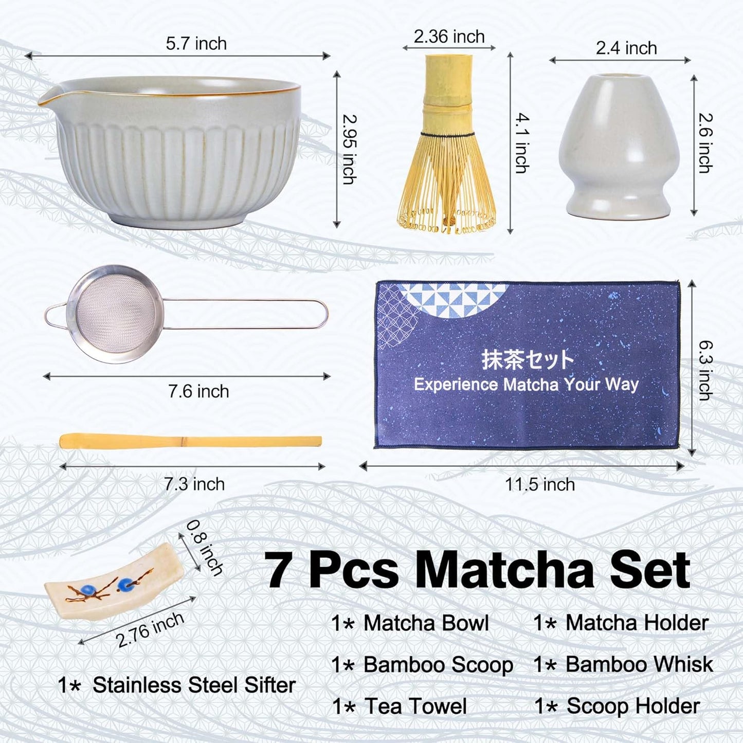 7pcs Matcha Whisk Set with 18oz Spout Bowl, Japanese Tea Ceremony Kit, Natural Bamboo Whisk Scoop, Ceramic Holder Sifter Towel, Best Gift for Beginners and Matcha Lovers