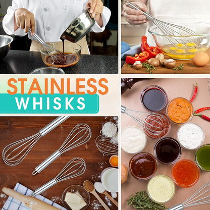 Domensi 24 Pcs 8" 10" 12" Whisks Set Kitchen Whisks for Cooking Heat Resistant Stainless Steel Balloon Wire Whisk Bulk for Non Stick Cookware Blending Stirring Valentines Day Baking