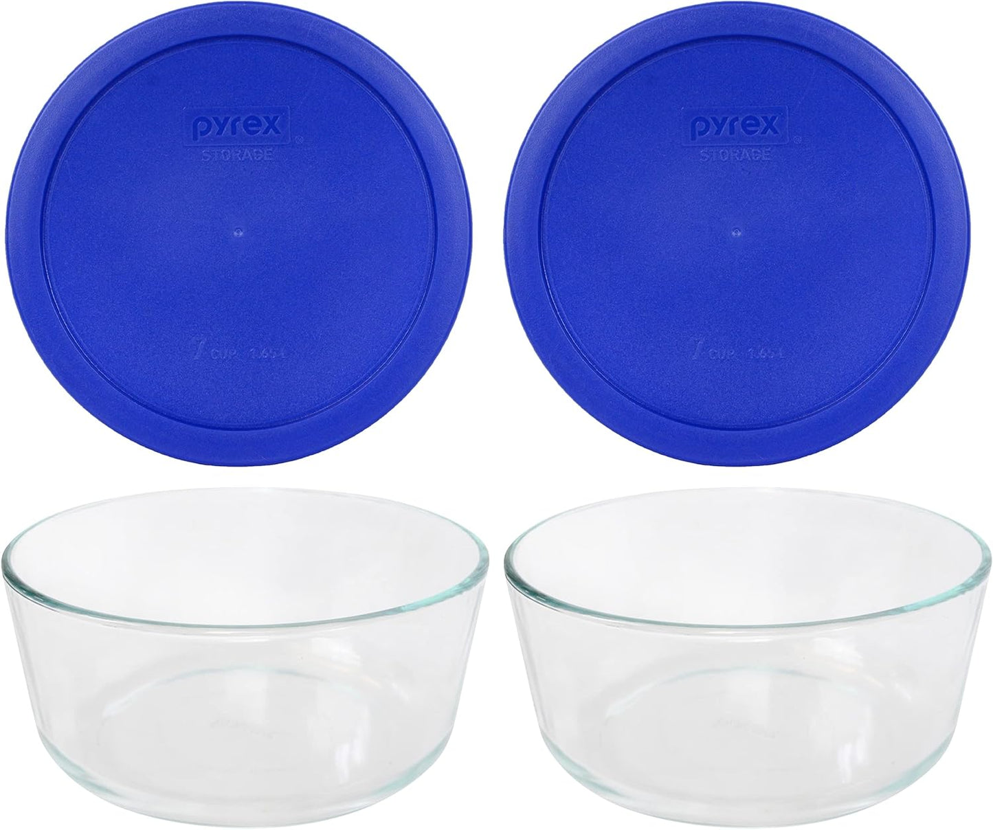 Pyrex Storage Plus 7-Cup Round Glass Food Storage Dish, Blue Cover, Pack of 2 - Original Genuine Made in the USA