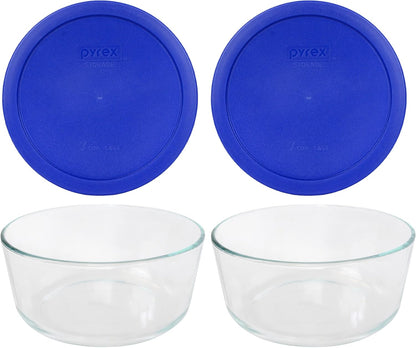 Pyrex Storage Plus 7-Cup Round Glass Food Storage Dish, Blue Cover, Pack of 2 - Original Genuine Made in the USA