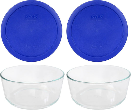 Pyrex Storage Plus 7-Cup Round Glass Food Storage Dish, Blue Cover, Pack of 2 - Original Genuine Made in the USA