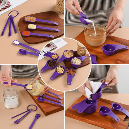 Plastic Measuring Cups and Spoons Set, 7 Plastic Measuring Cups and 7 Measuring Spoons with 1 Leveler, Engraved Both US&Metric Measure Cup Spoon for Kitchen&Baking Yellow