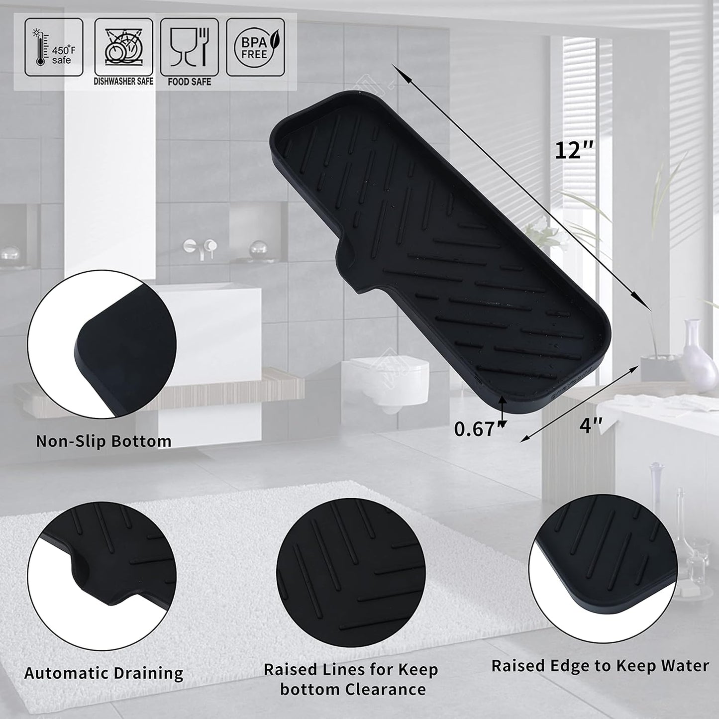 MicoYang Silicone Soap Dish with Drain Spout, Self-Draining Sink Organizer Tray for Bathroom and Kitchen, Sponges, Dispensers and Soap Holder, Non-Slip and Dishwasher Safe, Black (Compact, 4.9"×3.2")
