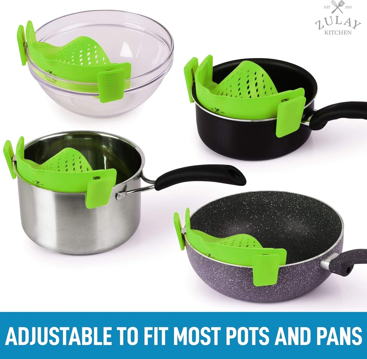Zulay Silicone Pot Strainer - Adjustable Snap On Strainer For Most Pans & Pots - Food Grade, Heat Resistant, Colander For Draining Pasta, Fruits & Vegetables (Orange)