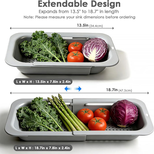 Extendable Colander Strainer Basket, Over the Sink Colander and Strainer for Kitchen, Wash Vegetables and Fruits, Drain Pasta and Dry Dishes, Adjustable Colander from 13.5In to 18.7In, Gray