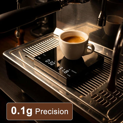 Digital Coffee Scale with Built-in Timer, 0.1g Precision to 3000g Rechargeable Espresso Scale, Touch Glass Kitchen Food Scale for Pour Over, Baking and Macros