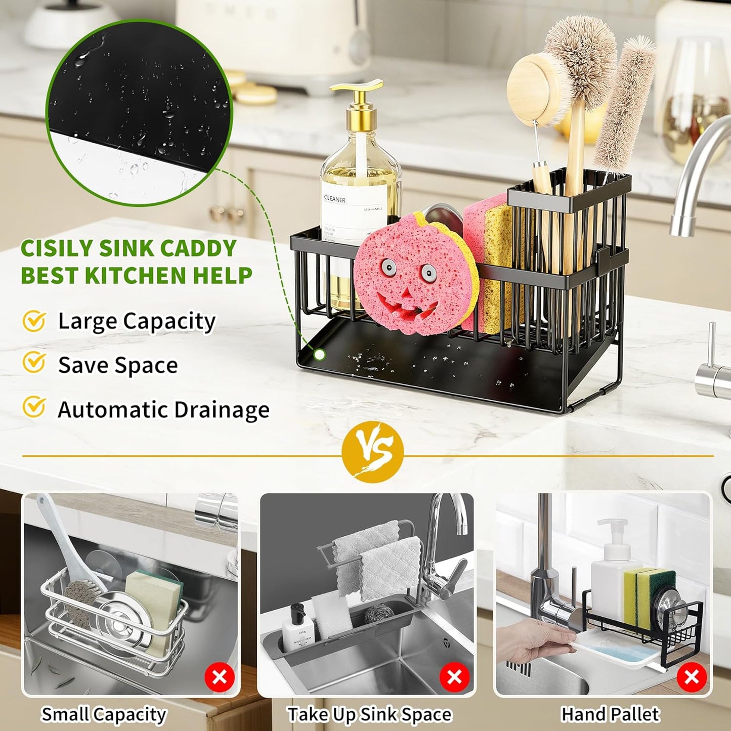 Sponge Holder for Kitchen Sink, Smiley Face Sink Caddy with Removable Brush Holder,Self-Draining Sponge Caddy for Sponge,Soap,Dish Brush,Scrubber,Kitchen Essentials and Gadgets