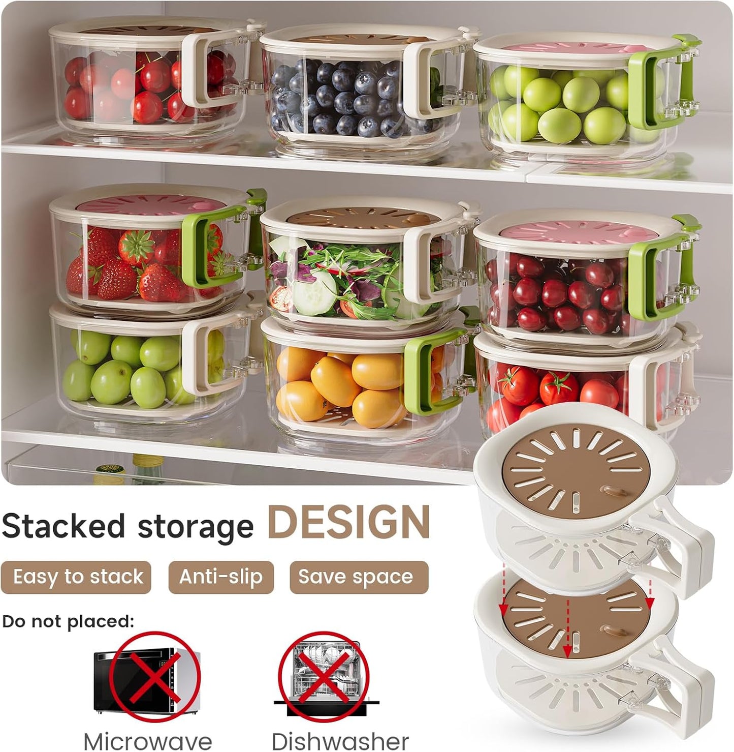 Fruit Vegetable Washing Bowl Strainer Container with Lid, Kitchen Fruit Berry Drainer Basket, Berry Keeper, Portable Fruit Colander Storage Container for Kitchen, Picnic, 2 Pack (Brown)