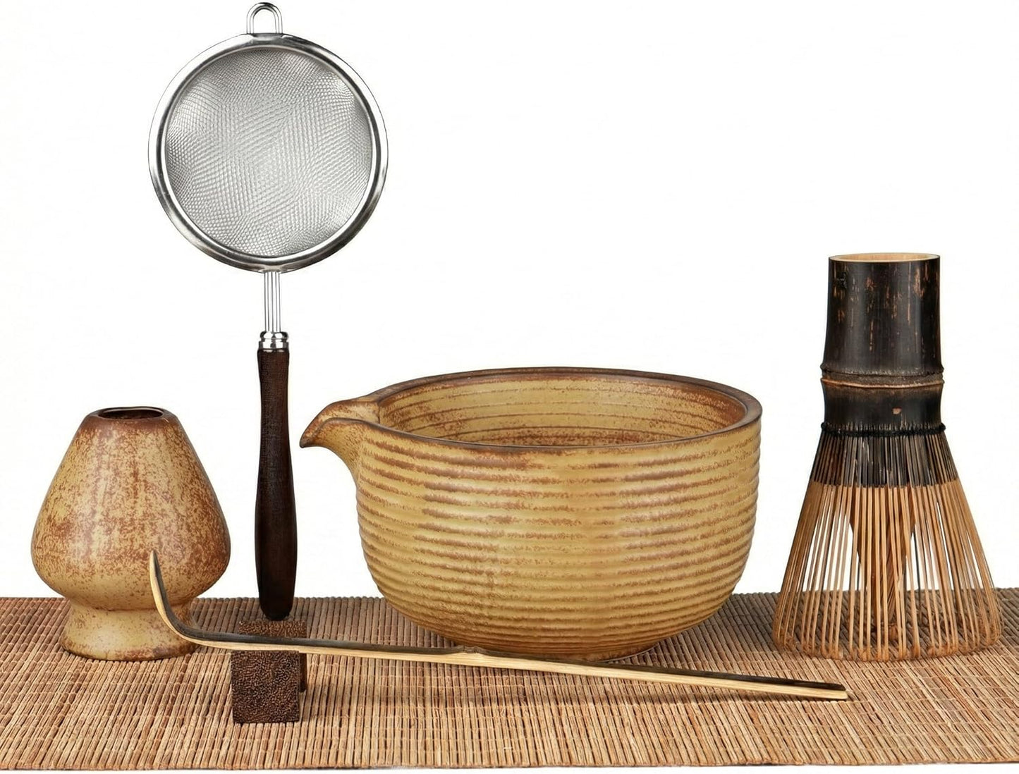 Matcha Whisk Set, 7-Piece Matcha Kit with Ceramic Bowl, Bamboo Whisk, Scoop, Sifter, Holder & Bamboo Mat – Premium Matcha Tea Set for Beginners & Matcha Lovers, Gift Ready