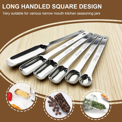 Stainless Steel Measuring Spoons Set of 7 with Leveler, Long Handle Rectangular Metal Teaspoon Tablespoon for Measuring Kitchen Spice, Dry & Liquid Ingredients