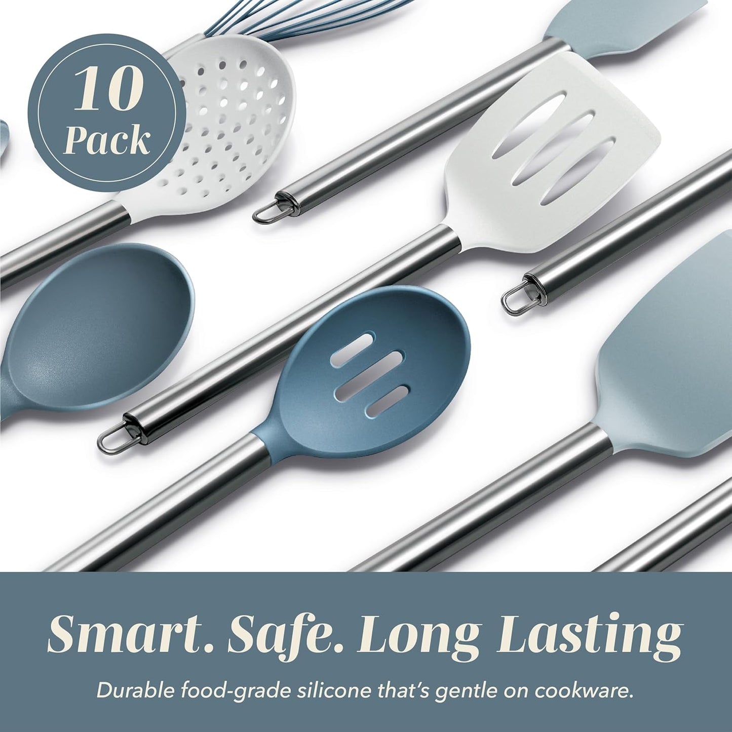 COOK WITH COLOR Silicone Cooking Utensils, Kitchen Utensil Set, Easy to Clean Silicone Kitchen Utensils, Cooking Utensils for Nonstick Cookware, Kitchen Gadgets Set, 10 Pieces, Green