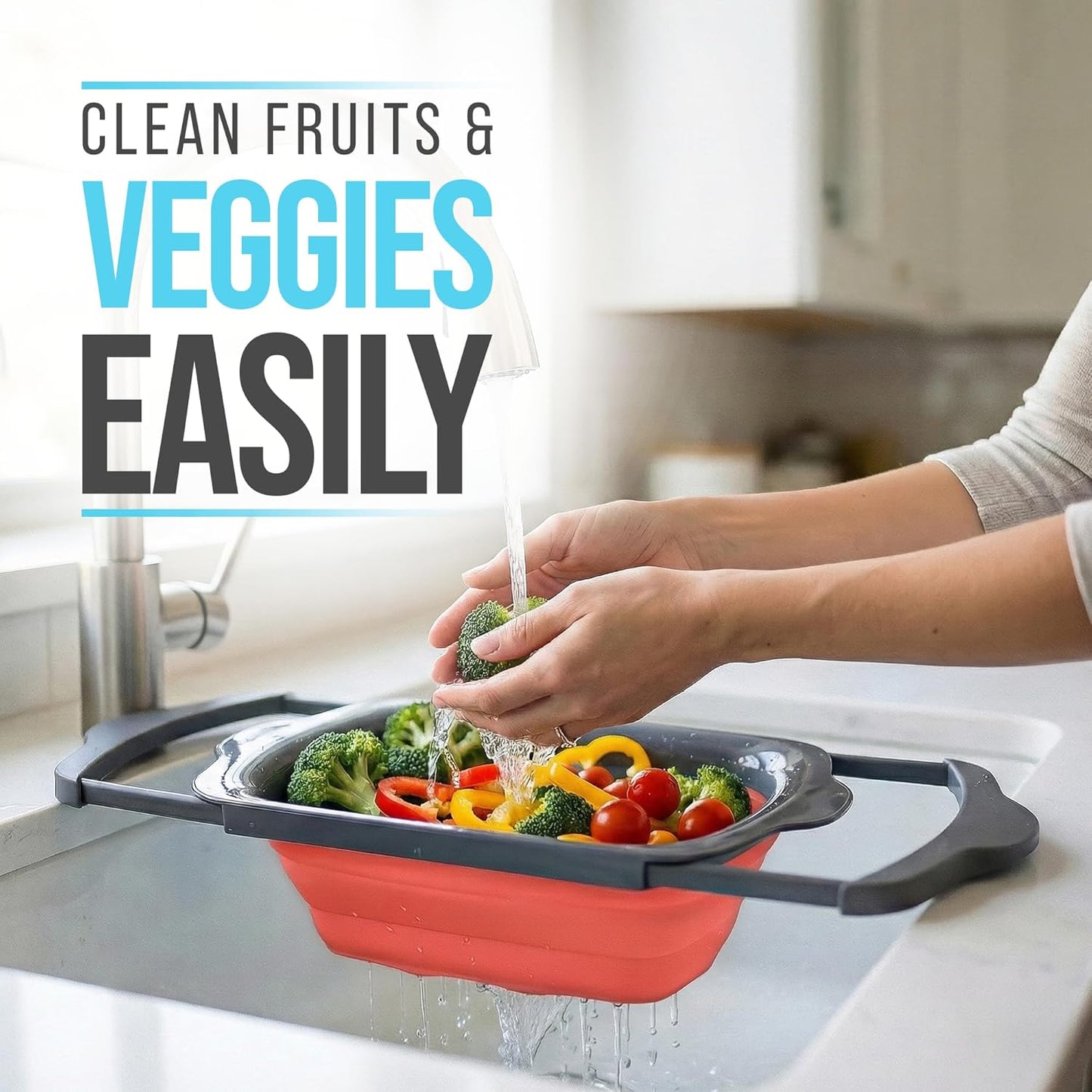 Comfify XL Large Kitchen Strainer - Collapsible Silicone Over - The-Sink Colander with Extendable Handles - Use with Pasta, Fruit, Berries & Veggie - 6 Quart - Blue