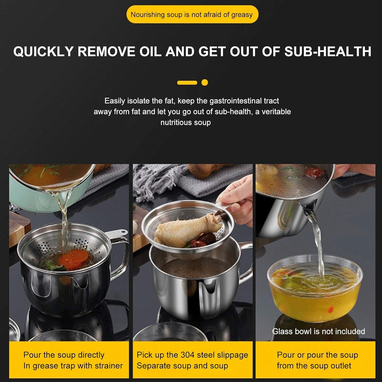 Stainless Steel Fat Separator 4 Cup/1000ML Gravy Grease Separator with Strainer and Glass Lid, Soup Oil Separator Cup for Cooking, Oil Soup Separator Strainer Pot for Kitchen (Silver)