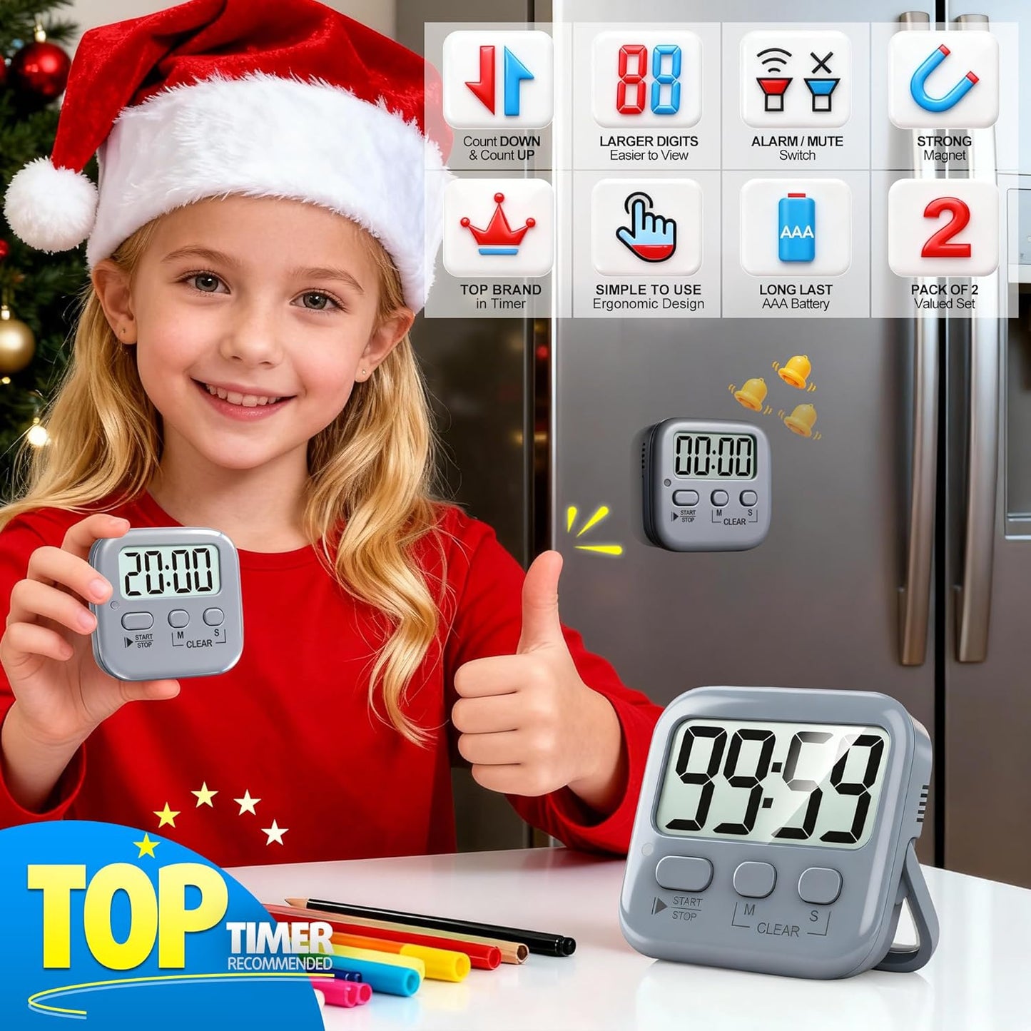Antonki 2 Pack Digital Timer for Kids, Magnetic Countdown Kitchen Timers for Cooking, Egg, Classroom, Teacher, Exercise, Study, Oven - Battery Included
