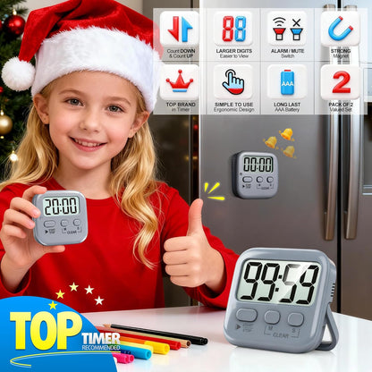 Antonki 2 Pack Digital Timer for Kids, Magnetic Countdown Kitchen Timers for Cooking, Egg, Classroom, Teacher, Exercise, Study, Oven - Battery Included