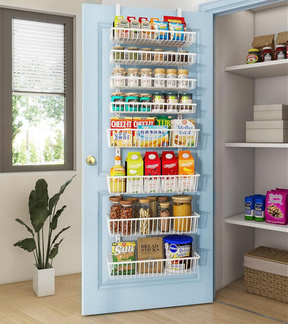Mefirt White 9-Tier Over The Door Pantry Organizer, Pantry Organization and Storage, Deep Baskets Hanging Heavy-Duty Metal, Wall Spice Rack Seasoning Shelves for Home & Kitchen, Laundry Room Bathroom