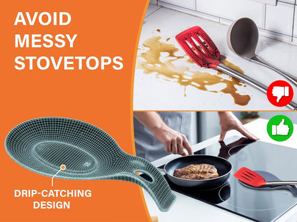 Silicone Spoon Rest for Stove Top Set of 2 – HEAT RESISTANT DISHWASHER SAFE Kitchen Utensil Holder for LARGE Utensils - Won’t Break - Non-Slip - Ideal for Glass & Induction Cooktops - for Home Cooks