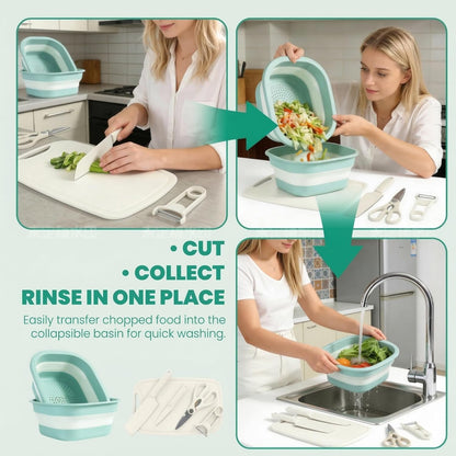 7 in 1Cutting Board and Knife Set, Travel Cutting Board Set with 2 Knives, Kitchen Scissors & Peeler, Collapsible 2-Piece Colander Wash Basin 30.5×27.8cm, Camping Cutting Board, Camping Knife Set