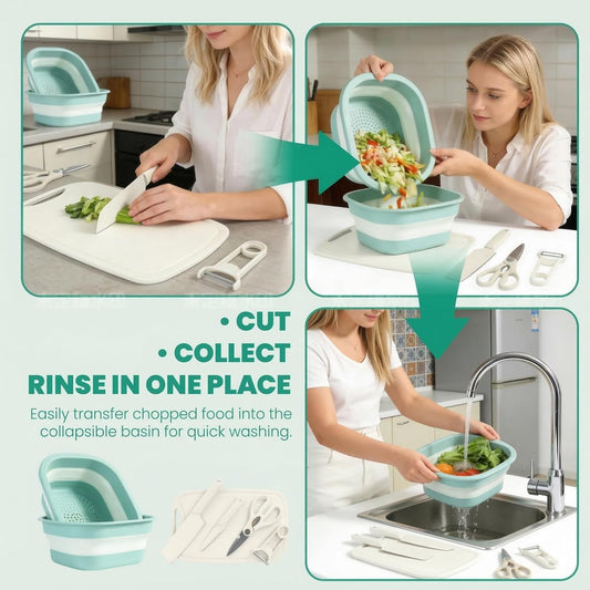 7 in 1Cutting Board and Knife Set, Travel Cutting Board Set with 2 Knives, Kitchen Scissors & Peeler, Collapsible 2-Piece Colander Wash Basin 30.5×27.8cm, Camping Cutting Board, Camping Knife Set