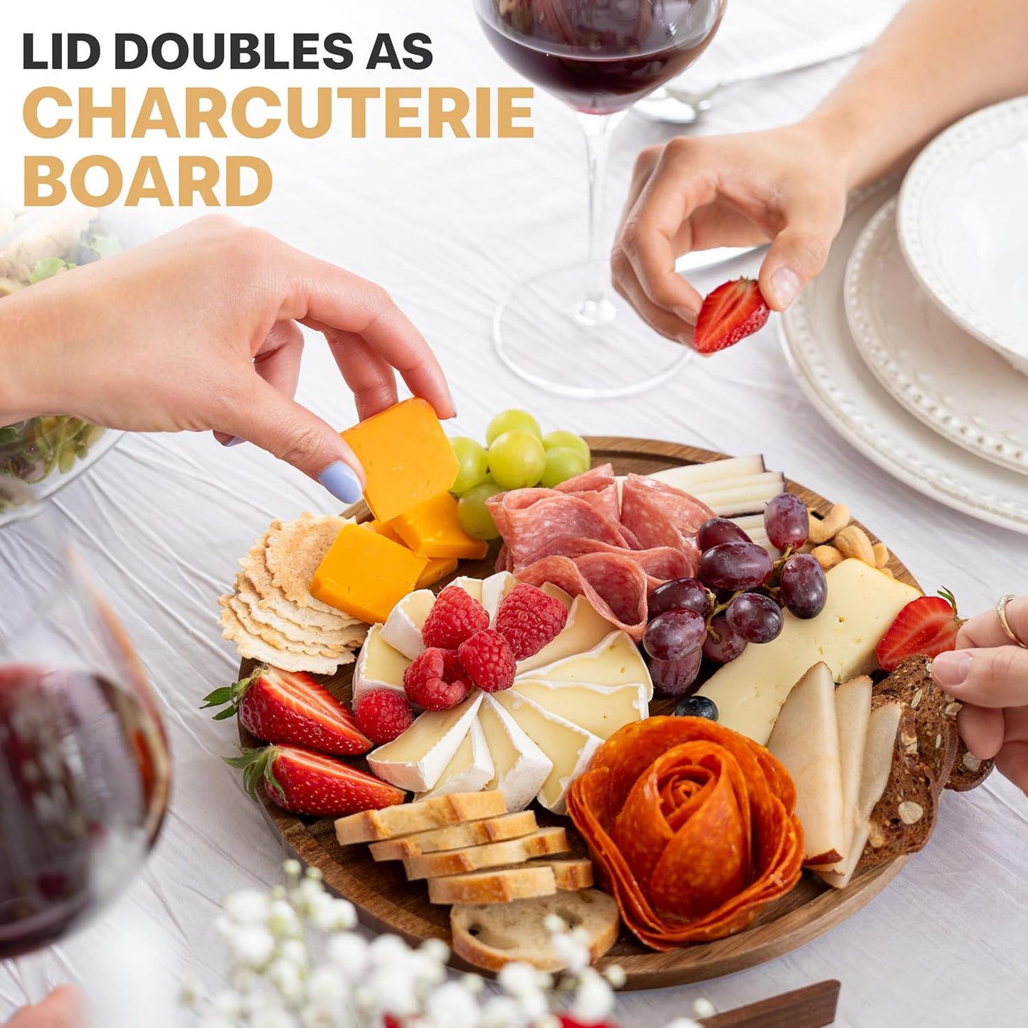 Large Glass Salad Bowl with Lid Set, 5.7 L Decorative Glass Mixing Bowl, Trifle and Serving Bowls with Lids as Cheese Charcuterie Board and Plate, Comes with Wood Serving Utensils