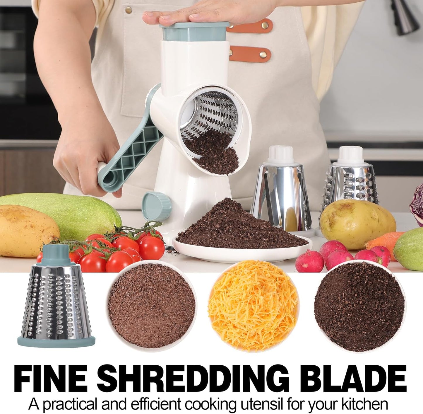 Cheese Grater Cheese Shredder with 3 Interchangeable Blades, Rotary Cheese Grater Manual Vegetable Slicer with Non-slip Suction Base Peanut Nuts Grinder Vegetable Shredder Clear