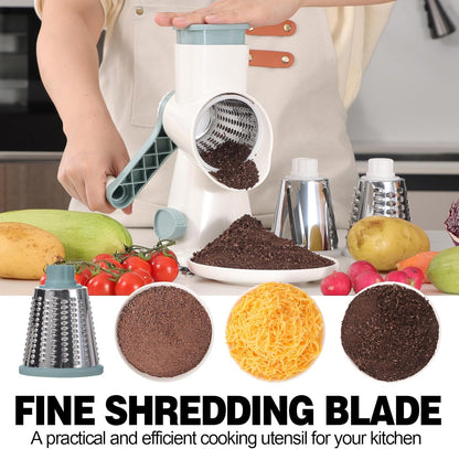 Cheese Grater Cheese Shredder with 3 Interchangeable Blades, Rotary Cheese Grater Manual Vegetable Slicer with Non-slip Suction Base Peanut Nuts Grinder Vegetable Shredder Clear