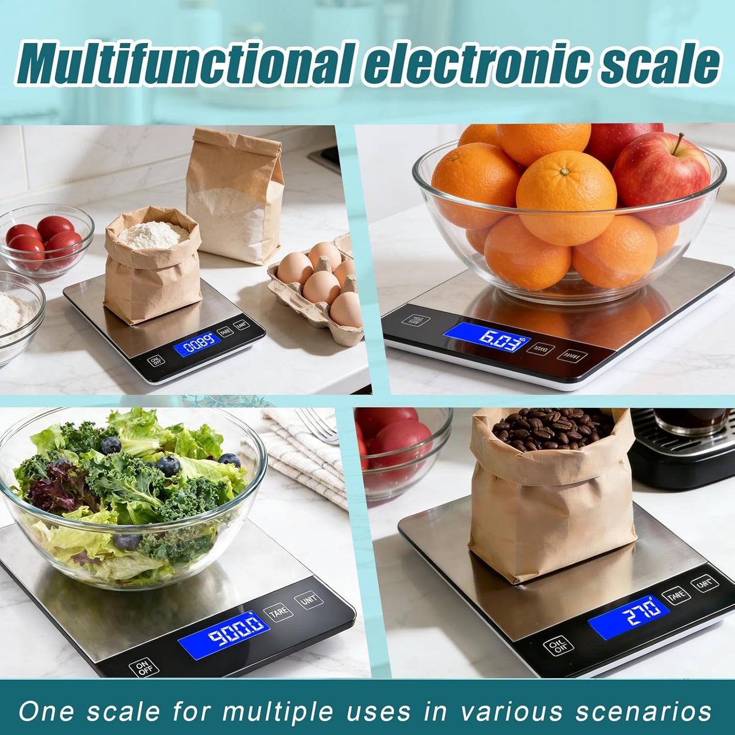 Digital Kitchen Scale, 33lb High Capacity Food Scale with Rechargeable Battery, 304 Stainless Steel Platform for Weight, Meal Prep, Baking