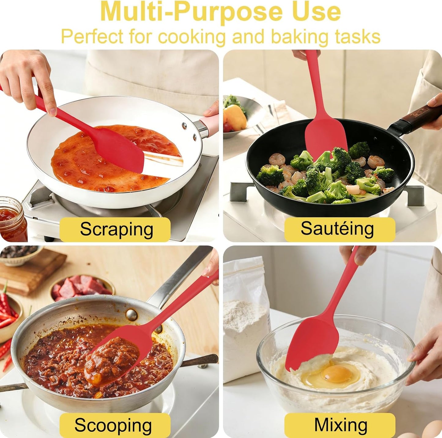 4 Pcs Silicone Spoon Spatula Set, 11.4 In, Food Grade Rubber Spatulas for Cooking, Baking, Mixing, 600°F Heat Resistant, Nonstick and Flexible Kitchen Utensils, Seamless Spoonula (Black)
