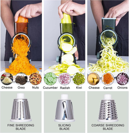 Rotary Cheese Grater Cheese Shredder, Cheese Grater Handheld with Strong Suction Base,Kitchen Vegetable Slicer 3 Replaceable Stainless Drum Blades for Fruit, Food, Nuts,Easy to Use Clean (Blue)