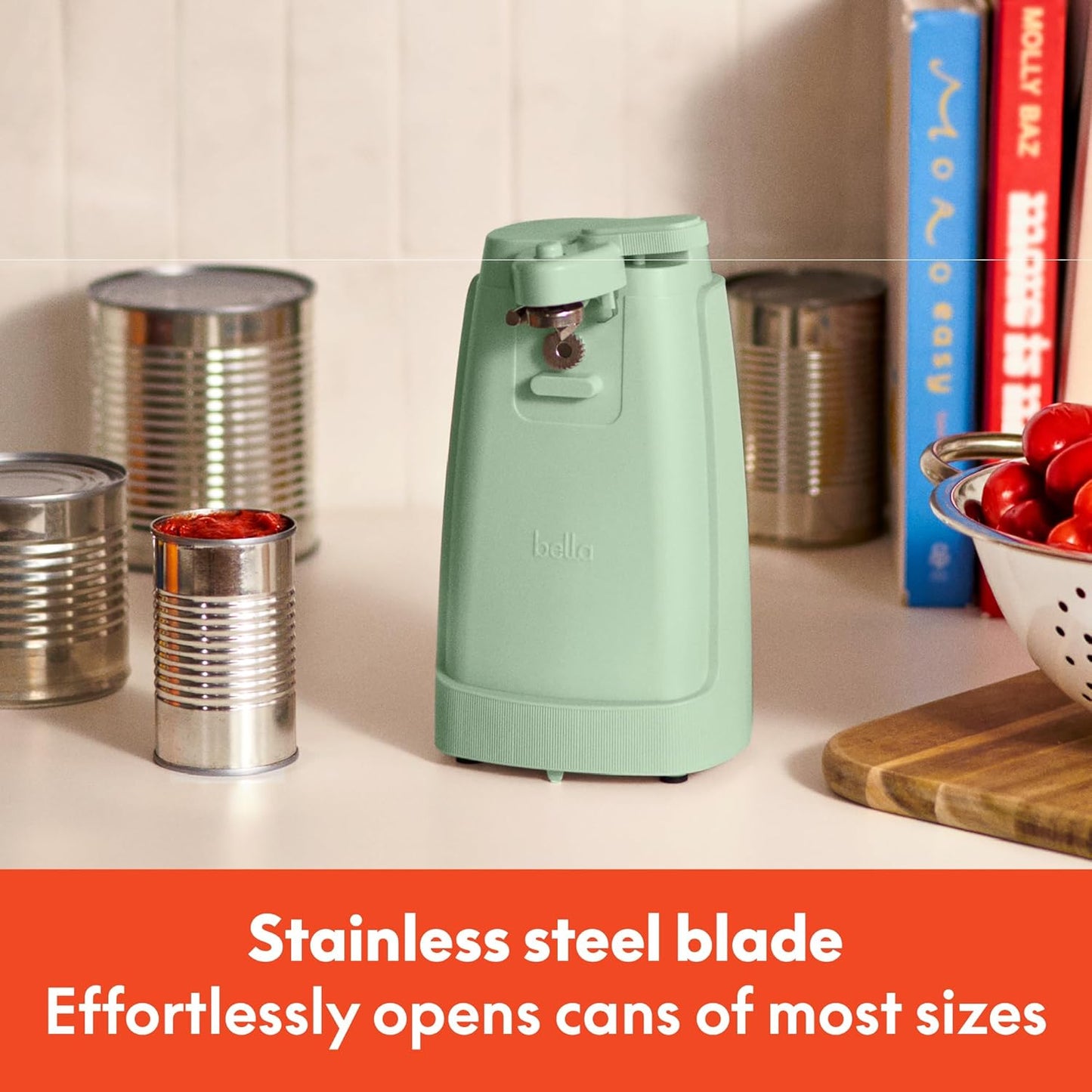 bella Electric Can Opener and Knife Sharpener, Removable Cutting Lever, Cord Storage, Stainless Steel Blade, Sage