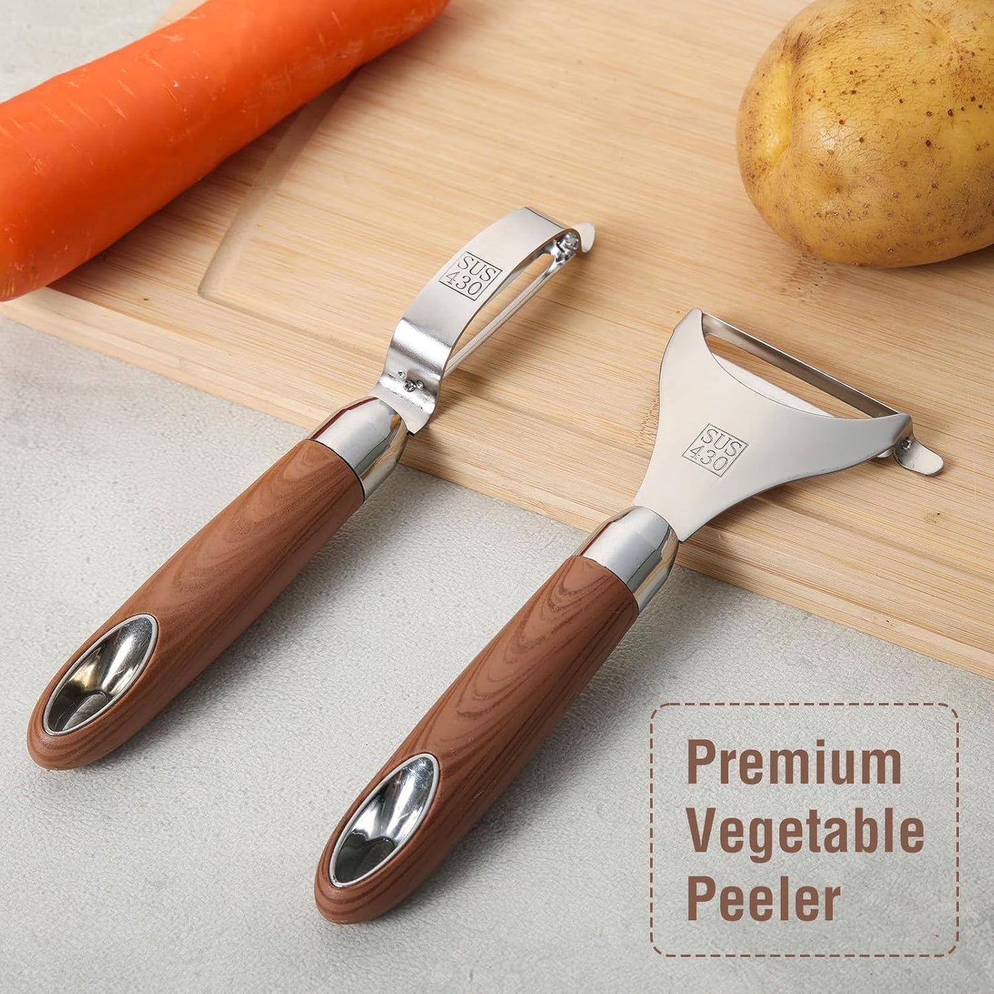 HiFind Premium Stainless Steel Multifunctional Kitchen Fruit and Vegetable Peeler with Natural Wood Handle，Ultra Sharp Strong Blade - 2 PCS