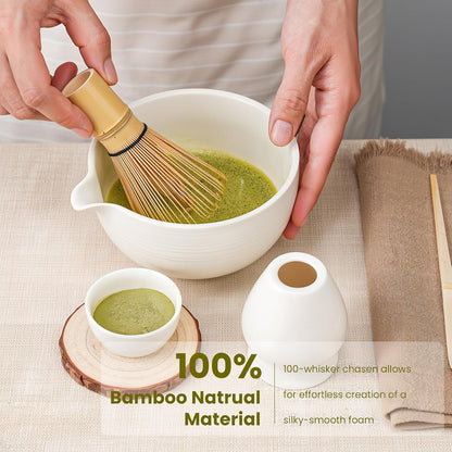 Matcha Whisk Set, Ceramic Bowl Matcha Kit & Handcrafted Bamboo Chasen, Complete 5 Pcs Matcha Set Whisk and Bowl, Stainless Steel Sifter, Bamboo Scoop & Holder for Matcha Lovers
