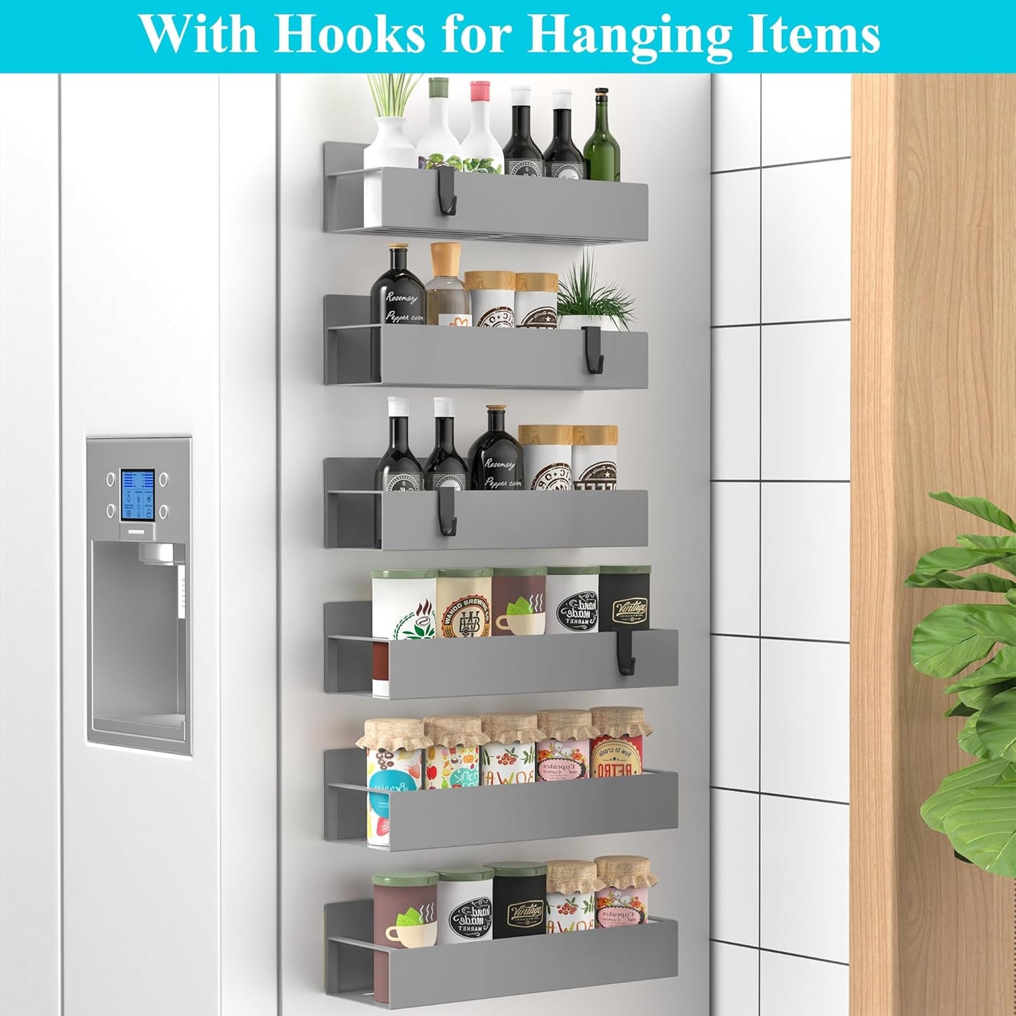 HuggieGems Metal 4 Pack Magnetic Spice Storage Rack Organizer for Refrigerator and Oven, Black Fridge Organizers and Storage, Metal