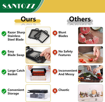 SANTOZZ Multifunctional Vegetable Chopper with Container, Vegetable Cutter with Interchangeable Blades, Onion Slicer, Garlic Grinder, Dicer for Potato, Carrot Chopper