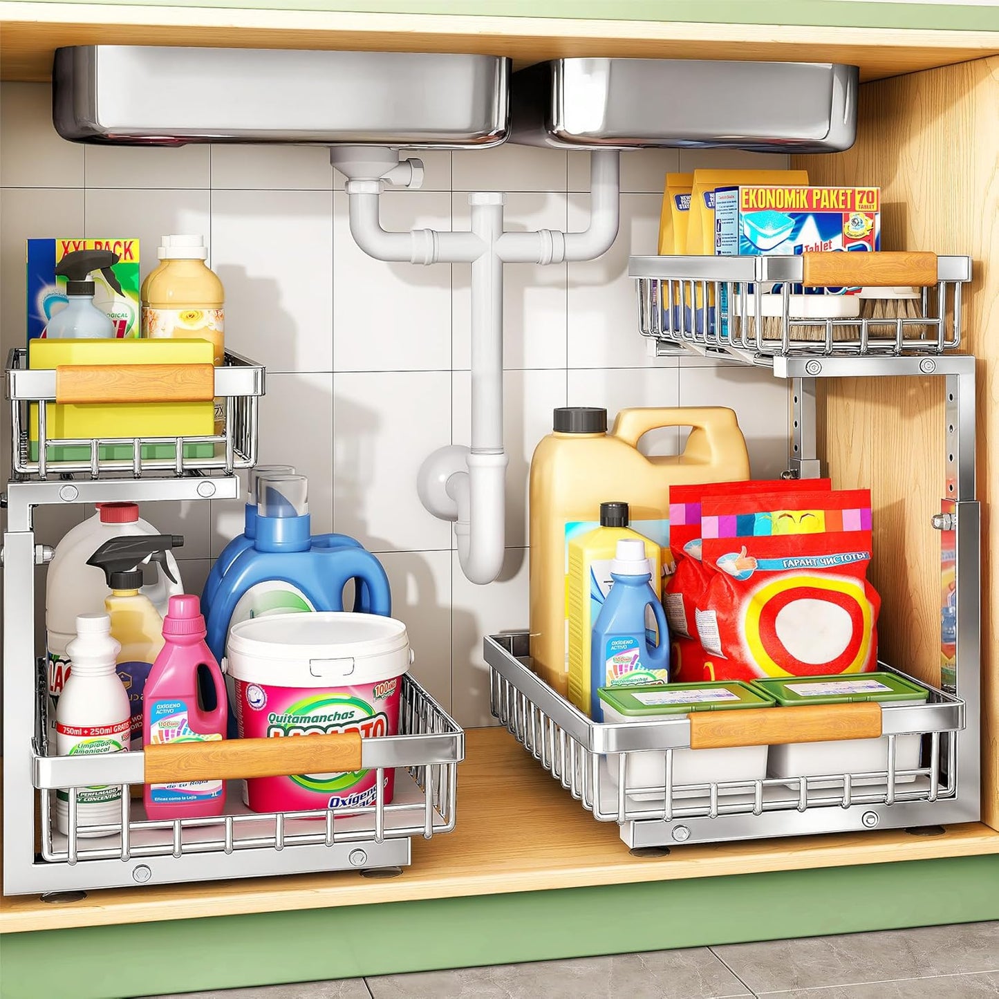 Kitstorack Under Sink Organizer, 2 Tier Under the Sink Storage, Slide out Pull out Cabinet Organizer Shelf, Metal Sliding Drawer for Kitchen Bathroom Pantry Closet Organization Rack, Black, 2 Pack