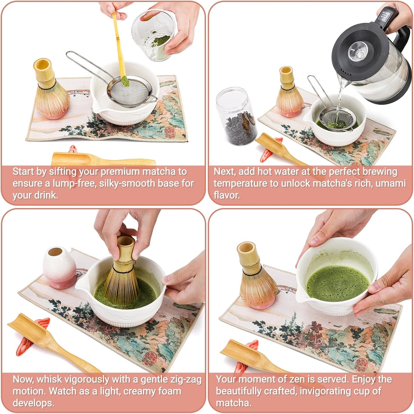 8 Pack Matcha Whisk Set, Japanese Matcha Tea Set, Ceramic Mixing Bowl with Spout, Bamboo Measuring Spoon and Scoop Stand, Towel, Whisk Holder, Stainless Sifter, Gift for Beginner, Tea Ceremony
