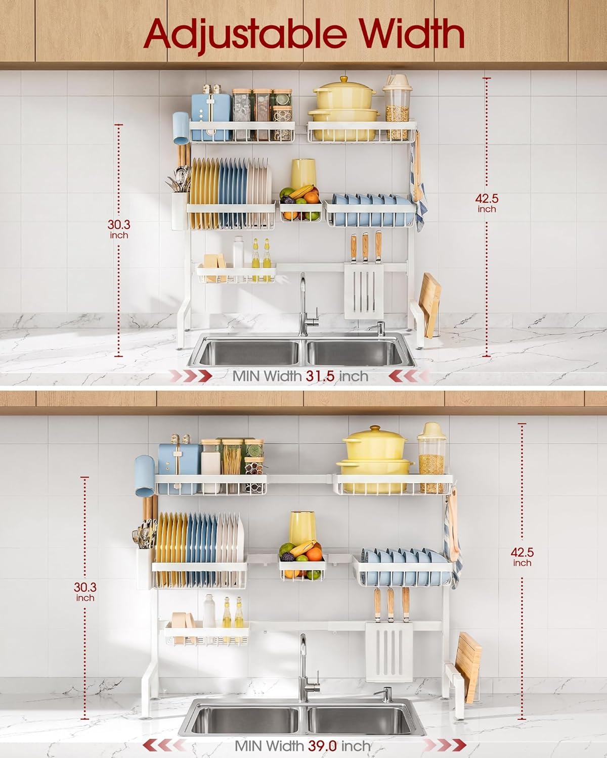 Sakugi Over The Sink Dish Drying Rack, Expandable 2-Tier Stainless Steel Kitchen Storage Organization Accessories for Countertop, Rustproof & Space-Saving, 30"–34.5" L x 12" W x 25" H, Black
