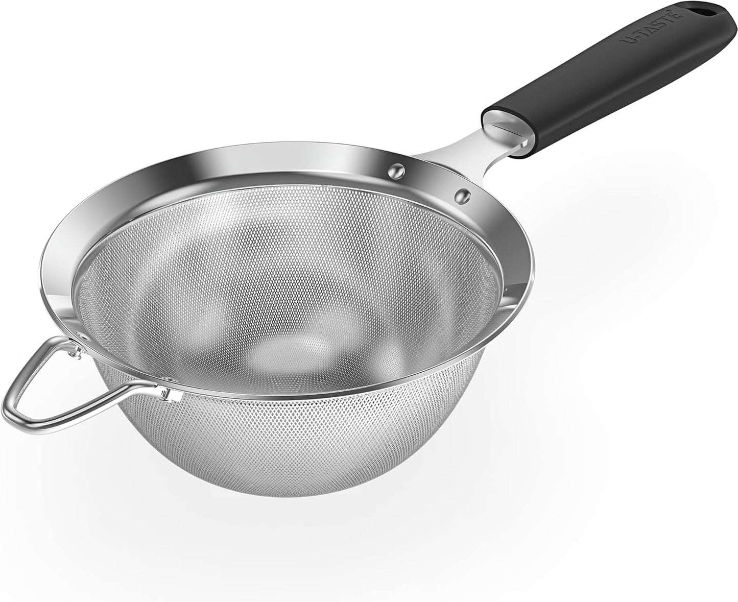 18/8 Stainless Steel Mesh Strainer: U-Taste 5.5 Inch Kitchen Fine Mesh Sieve Food Colander with Riveted Sturdy Silicone Handle and 30 Mesh Hole for Straining Flour, Pasta, Fruit, Quinoa(Aqua Sky)